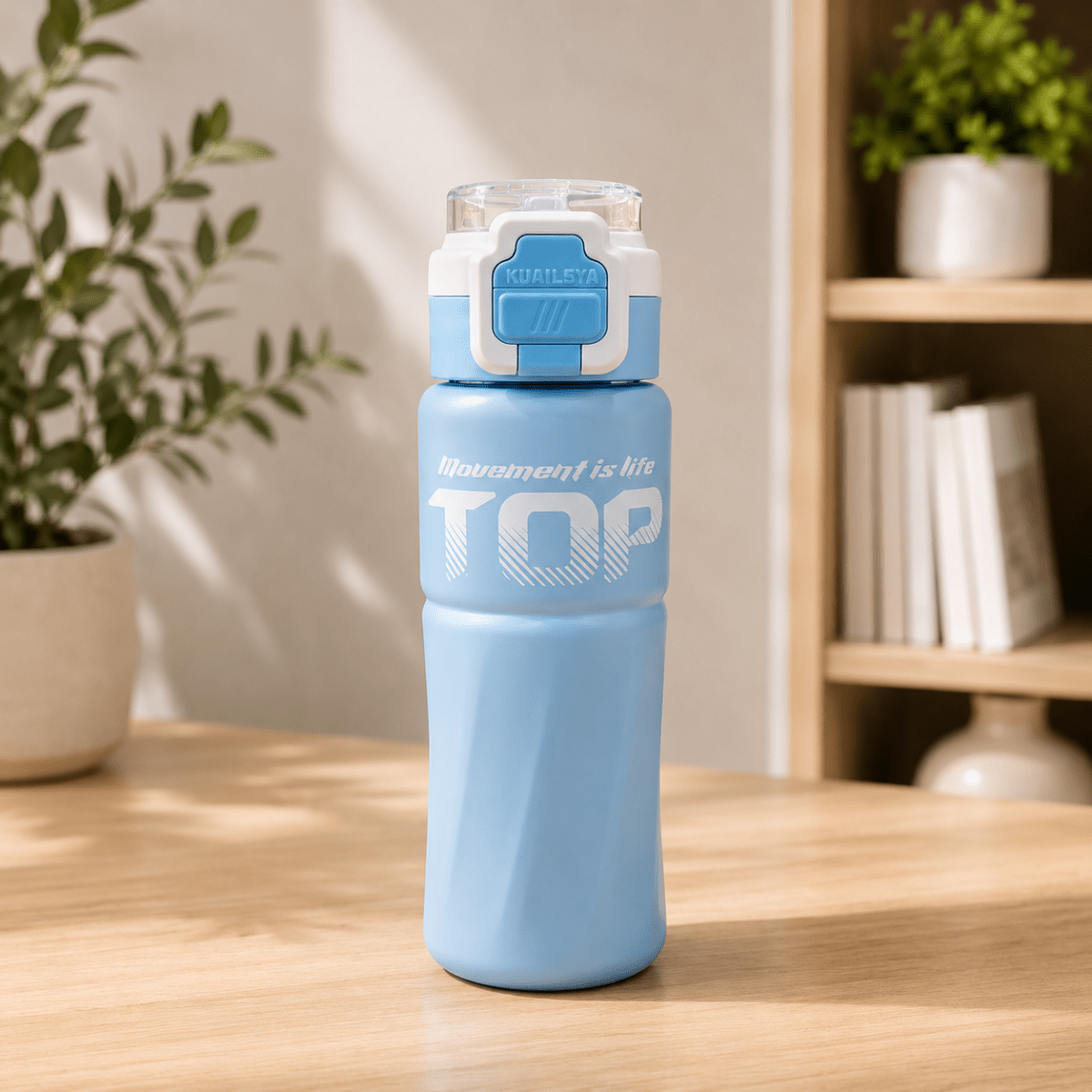 TOP Straw Sipper Steel Water BottleCartoon Kids Water BottleCrafty CuddleBlue water bottle with white text on a wooden surface, plant and books in the backgroundBlueStationeryAddictTOPWaterBottle SUS316 PremiumBottle SchoolEssentials OfficeEssentials SportsBottle BPAFree DailyHydration DrinkMoreWater BottleLover