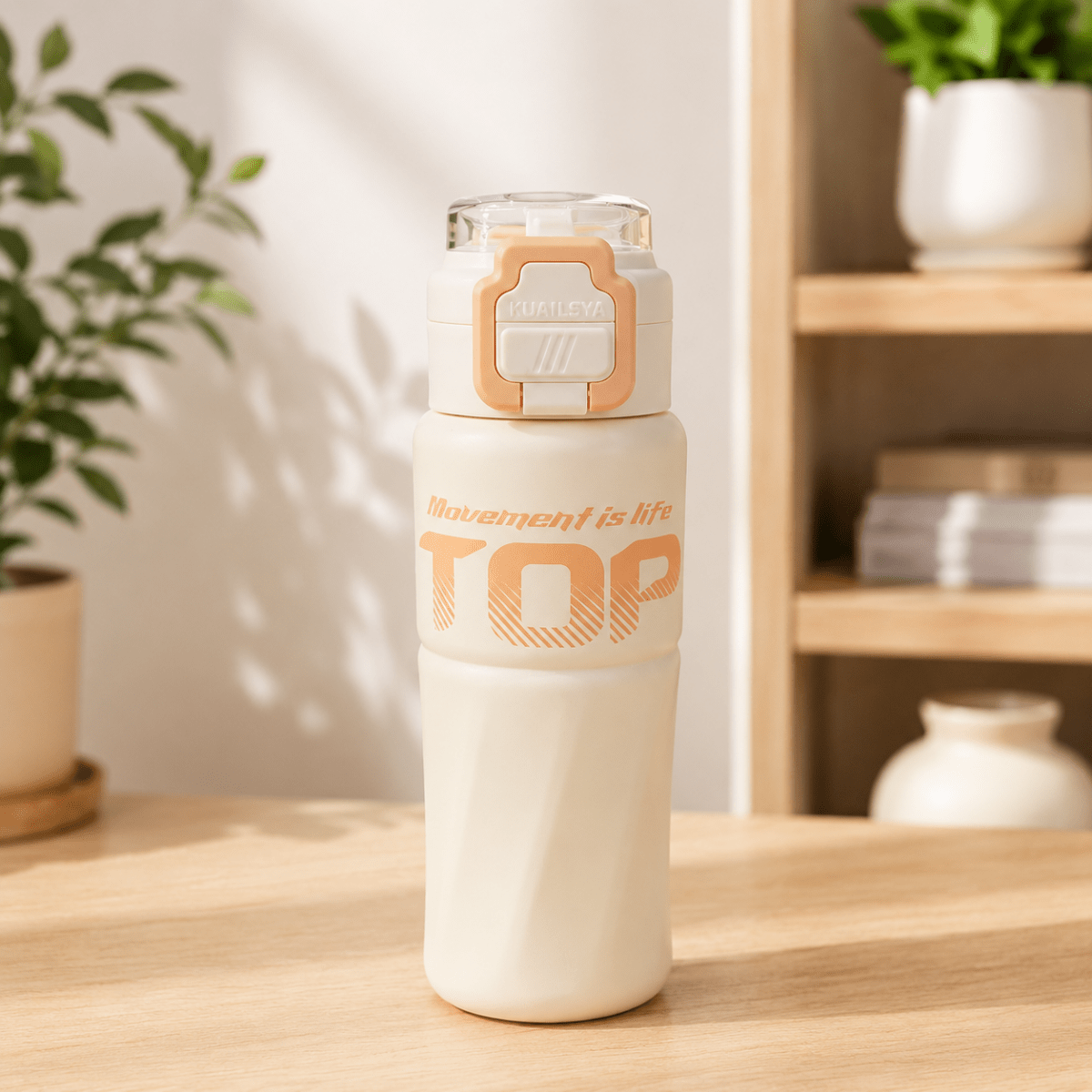 TOP Straw Sipper Steel Water BottleCartoon Kids Water BottleCrafty CuddleWhite water bottle with orange text on a wooden surface, plant and books in the backgroundCreamStationeryAddictTOPWaterBottle SUS316 PremiumBottle SchoolEssentials OfficeEssentials SportsBottle BPAFree DailyHydration DrinkMoreWater BottleLover