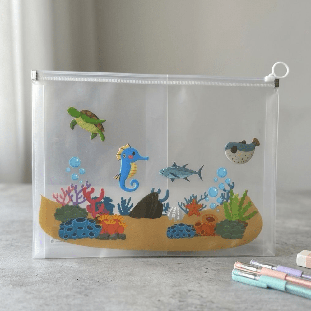 Transparent Cartoon Zipper PouchPencil PouchCrafty CuddleClear pouch with ocean - themed design featuring animals and plants on a gray surface.Underwater Worldkids pencil pouch transparent pencil case cartoon stationery pouch cute zipper pouch kids stationery organizer clear pencil pouch school supplies pouch kawaii stationery pouch travel stationery pouch kids pencil case