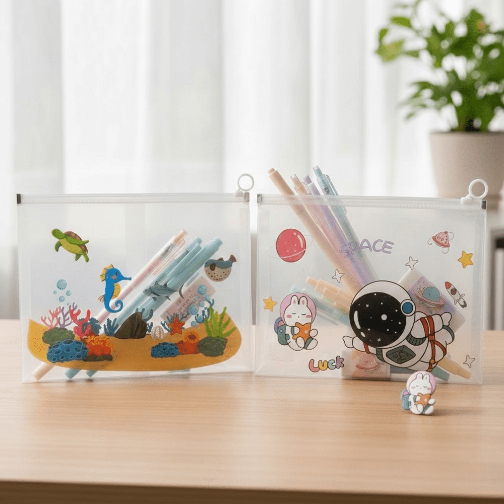 Transparent Cartoon Zipper PouchPencil PouchCrafty CuddleTwo transparent pouches with colorful designs on a wooden surface.Space Adventurekids pencil pouch transparent pencil case cartoon stationery pouch cute zipper pouch kids stationery organizer clear pencil pouch school supplies pouch kawaii stationery pouch travel stationery pouch kids pencil case