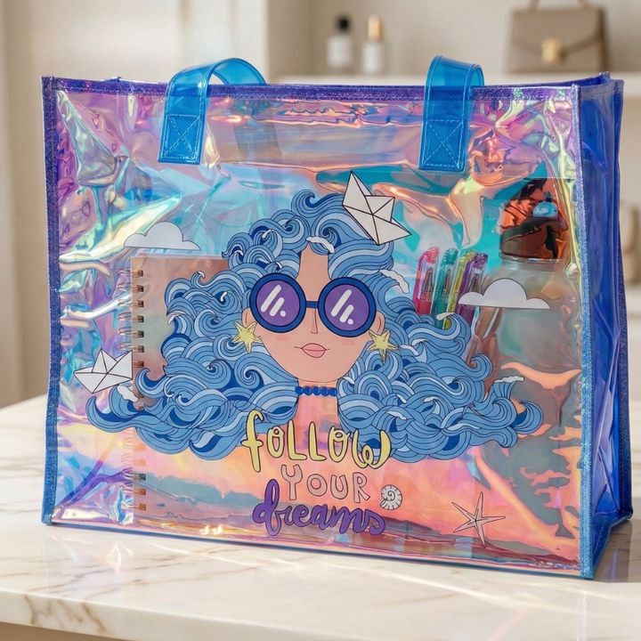 Transparent Holographic Kids Tote BagKids BagsCrafty CuddleHolographic tote bag with a design of a person with blue hair and sunglasses, and the text &