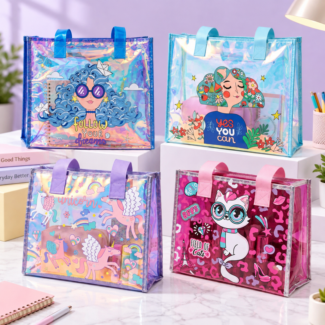 Transparent Holographic Kids Tote BagKids BagsCrafty CuddleTransparent Holographic Kids Tote BagPinkKidsToteBag CuteKidsBag CartoonToteBag UnicornBag KidsSchoolBag HolographicBag KidsStationeryBag CuteCarryBag KidsAccessories StationeryLovers