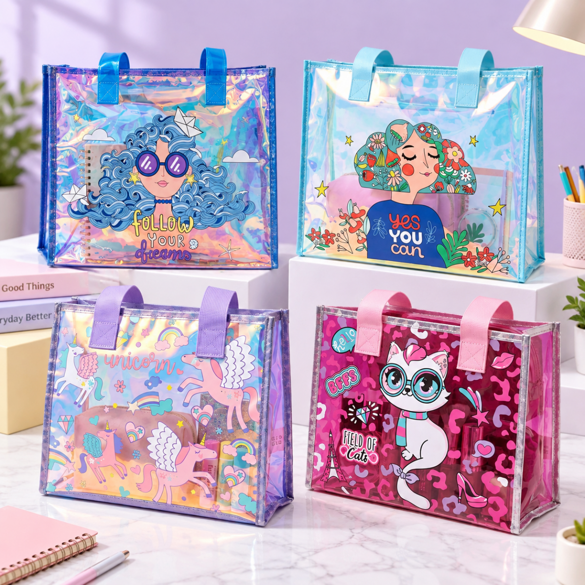 Transparent Holographic Kids Tote BagKids BagsCrafty CuddleTransparent Holographic Kids Tote BagPinkKidsToteBag CuteKidsBag CartoonToteBag UnicornBag KidsSchoolBag HolographicBag KidsStationeryBag CuteCarryBag KidsAccessories StationeryLovers