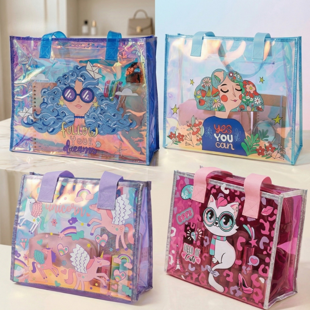Transparent Holographic Kids Tote BagKids BagsCrafty CuddleFour colorful tote bags with cartoon characters and motivational phrases on a white surface.PinkKidsToteBag CuteKidsBag CartoonToteBag UnicornBag KidsSchoolBag HolographicBag KidsStationeryBag CuteCarryBag KidsAccessories StationeryLovers