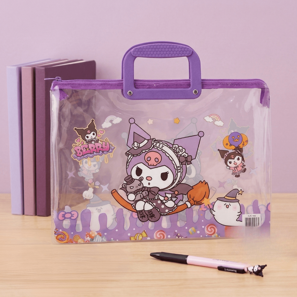 Transparent Kids Document BagKids BagsCrafty CuddleClear pouch with cartoon character design on a wooden surfaceKuromiKidsFileBag CartoonStationery KidsOrganizer SchoolSupplies CuteStationery KidsDocumentBag StationeryLovers KidsSchoolEssentials A4FileBag TransparentBag