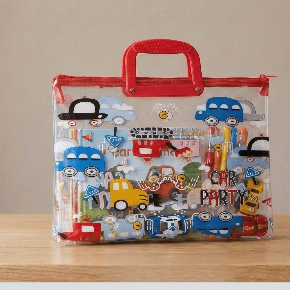 Transparent Kids Document BagKids BagsCrafty CuddleClear bag with colorful car - themed design and red handle on a wooden surface.CarKidsFileBag CartoonStationery KidsOrganizer SchoolSupplies CuteStationery KidsDocumentBag StationeryLovers KidsSchoolEssentials A4FileBag TransparentBag