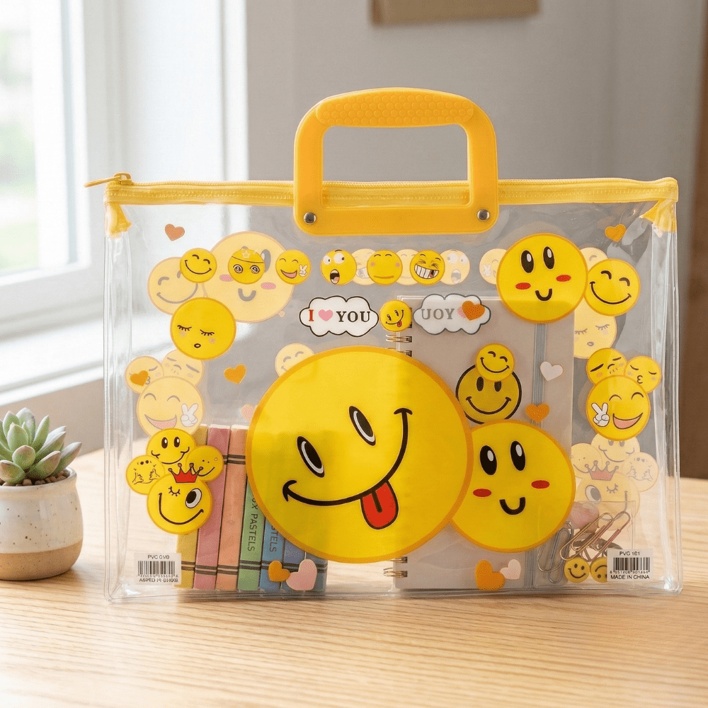 Transparent Kids Document BagKids BagsCrafty CuddleClear plastic bag with smiley face designs on a wooden surfaceSmileyKidsFileBag CartoonStationery KidsOrganizer SchoolSupplies CuteStationery KidsDocumentBag StationeryLovers KidsSchoolEssentials A4FileBag TransparentBag