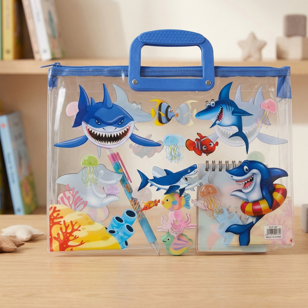Transparent Kids Document BagKids BagsCrafty CuddleClear plastic bag with blue handle featuring cartoon sharks and sea creatures on a wooden surface.SharkKidsFileBag CartoonStationery KidsOrganizer SchoolSupplies CuteStationery KidsDocumentBag StationeryLovers KidsSchoolEssentials A4FileBag TransparentBag