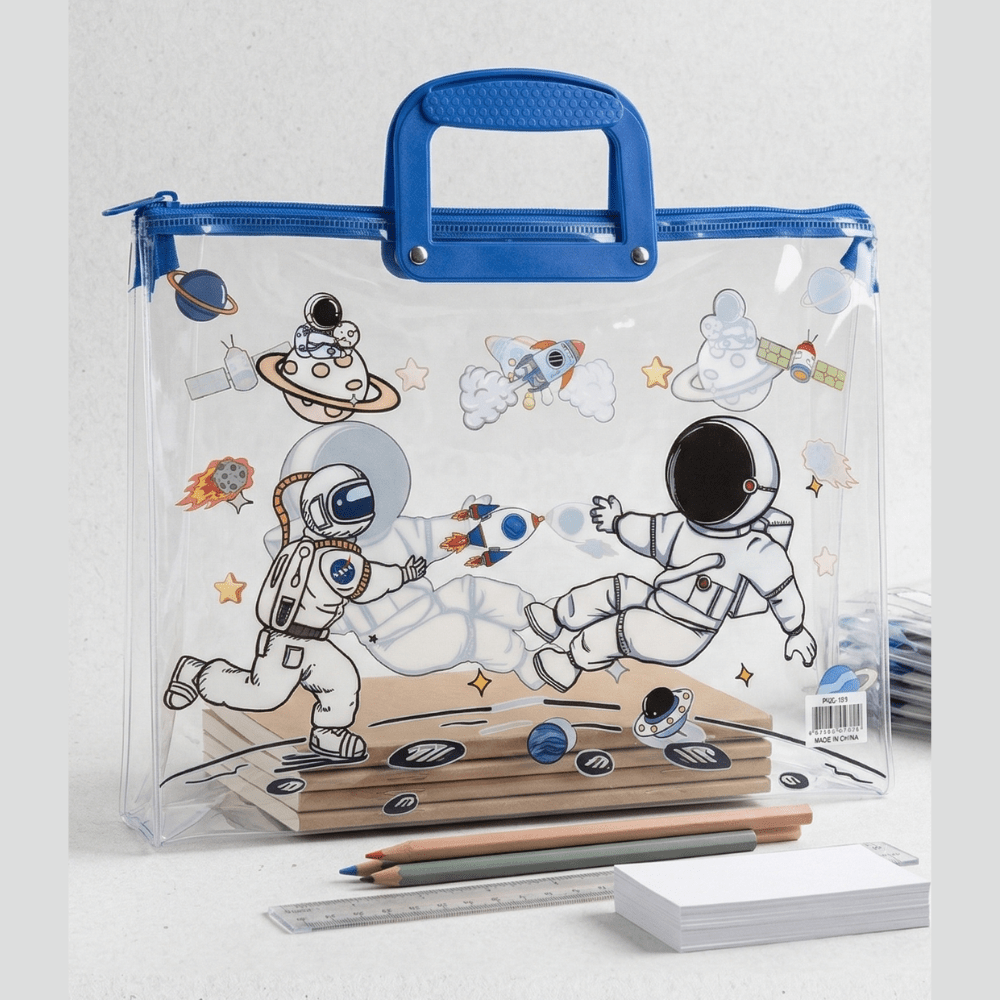 Transparent Kids Document BagKids BagsCrafty CuddleClear pouch with astronaut design and blue handle on a light gray backgroundAstronautKidsFileBag CartoonStationery KidsOrganizer SchoolSupplies CuteStationery KidsDocumentBag StationeryLovers KidsSchoolEssentials A4FileBag TransparentBag