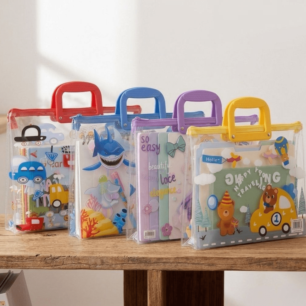 Transparent Kids Document BagKids BagsCrafty CuddleFour colorful children's bags with handles on a wooden surface.Bear CarKidsFileBag CartoonStationery KidsOrganizer SchoolSupplies CuteStationery KidsDocumentBag StationeryLovers KidsSchoolEssentials A4FileBag TransparentBag