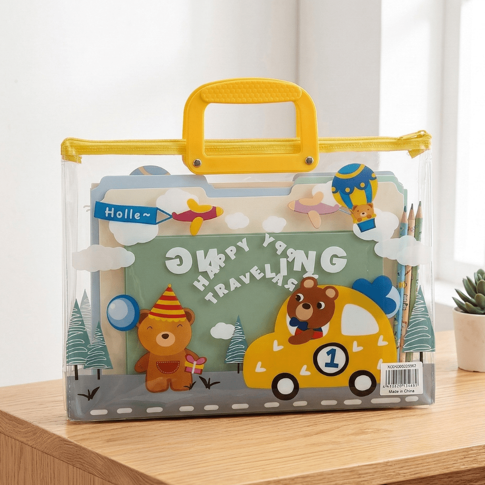 Transparent Kids Document BagKids BagsCrafty CuddleClear plastic bag with cartoon bear design on a wooden surfaceBear CarKidsFileBag CartoonStationery KidsOrganizer SchoolSupplies CuteStationery KidsDocumentBag StationeryLovers KidsSchoolEssentials A4FileBag TransparentBag