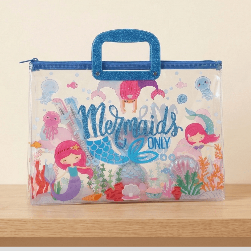 Transparent Kids Document BagKids BagsCrafty CuddleClear pouch with mermaid design and blue handle on a beige backgroundMermaidKidsFileBag CartoonStationery KidsOrganizer SchoolSupplies CuteStationery KidsDocumentBag StationeryLovers KidsSchoolEssentials A4FileBag TransparentBag