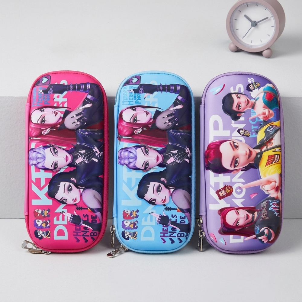 Trendy Girls EVA Pencil PouchPencil PouchCrafty CuddleThree colorful pencil cases with character designs on a white backgroundPurpleGirlsPencilBox CuteStationery AestheticStationery PencilCase KidsStationery SchoolSupplies StationeryAddict EVAPencilBox TrendyStationery BackToSchoolStationeryAddict