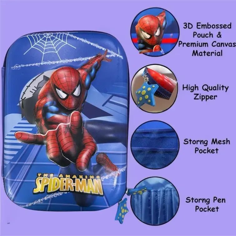 Spiderman Zipper Pouch showing bold superhero design and durable EVA material , 3d embosses pouch and premium canvas Material , High quality Zipper, Strong Mesh Pocket , Strong pen Pocket