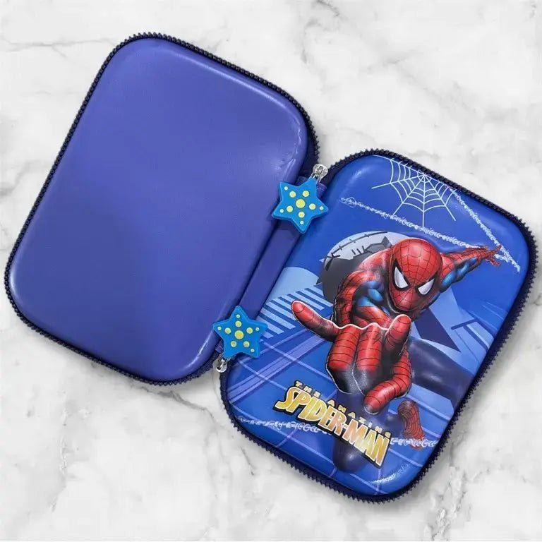 Front and back view of Ultimate Spiderman Zipper Pouch showing bold superhero design and durable EVA material