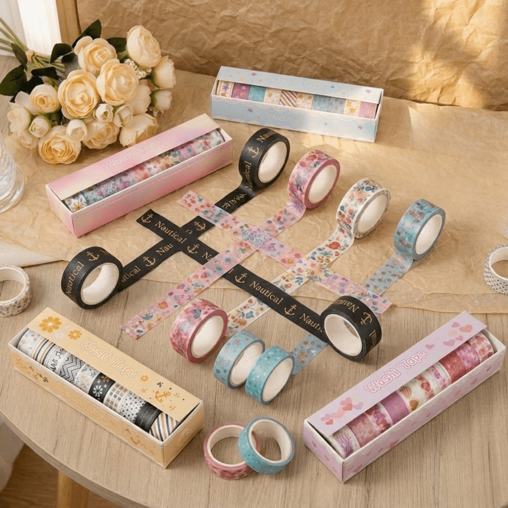 Ultimate Washi Tape Set– 40 RollsDecorative Washi TapeCrafty CuddleDecorative washi tape rolls on a wooden surface with flowers in the backgroundCraft Tape 60