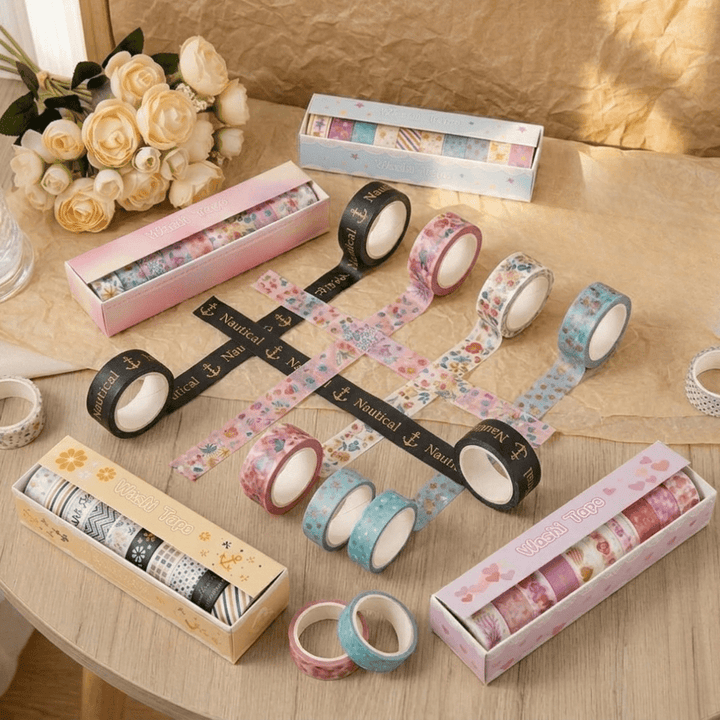 Ultimate Washi Tape Set– 40 RollsDecorative Washi TapeCrafty CuddleDecorative washi tape rolls on a wooden surface with flowers in the backgroundCraft Tape 60