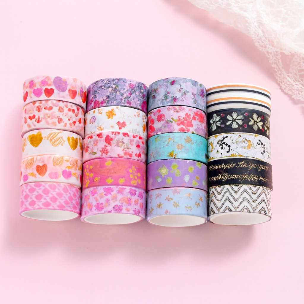 Ultimate Washi Tape Set– 40 RollsDecorative Washi TapeCrafty CuddleSet of colorful washi tape rolls on a pink backgroundCraft Tape 60