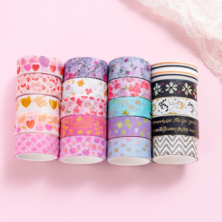 Ultimate Washi Tape Set– 40 RollsDecorative Washi TapeCrafty CuddleSet of colorful washi tape rolls on a pink backgroundCraft Tape 60