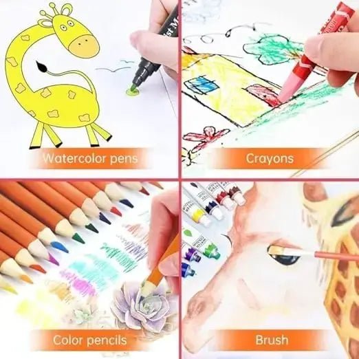 Colorful unicorn drawing created using crayons, water pens, color pencils, and brush