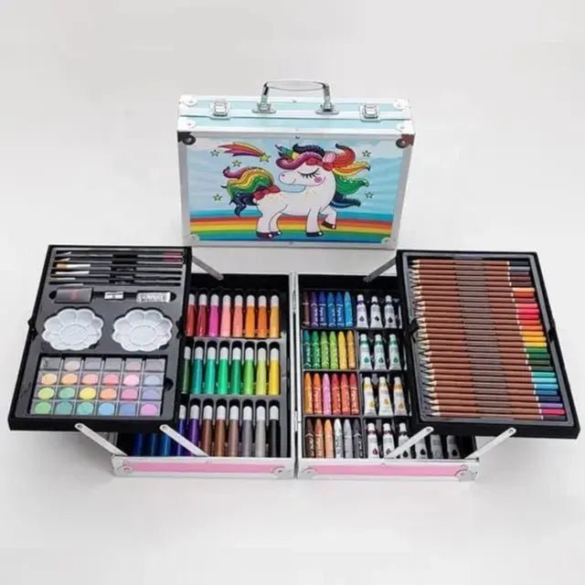 Open Unicorn Design Color Set showing coloring pens, glitter pens, stickers, and coloring sheets