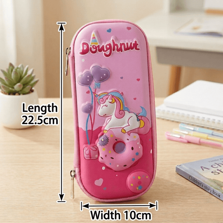 Unicorn Doughnut EVA Pencil BoxPencil PouchCrafty CuddlePink pencil case with unicorn design and measurements on a deskStationeryAddict