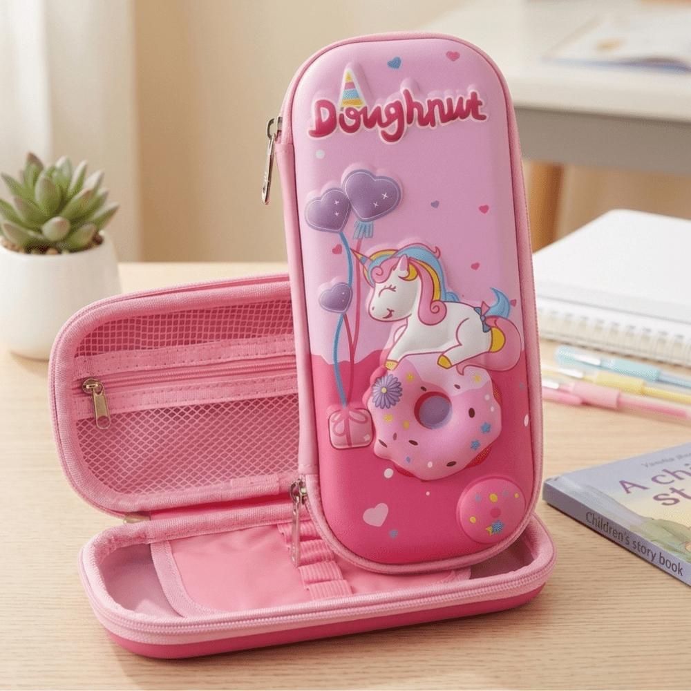 Unicorn Doughnut EVA Pencil BoxPencil PouchCrafty CuddlePink pencil case with unicorn design on a wooden surfaceStationeryAddict