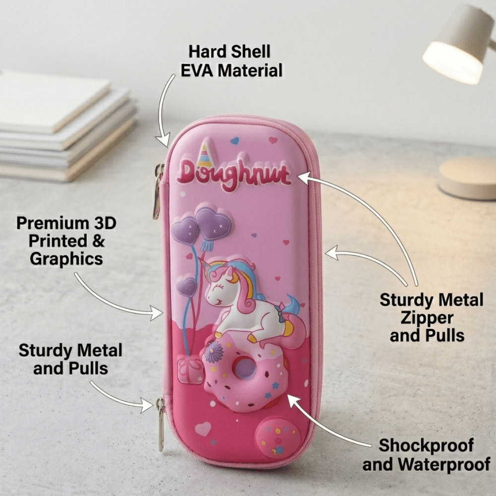 Unicorn Doughnut EVA Pencil BoxPencil PouchCrafty CuddlePink pencil case with unicorn design on a light gray surface, featuring text labels about material and features.StationeryAddict