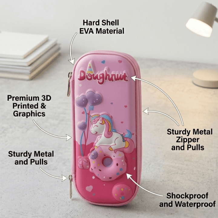 Unicorn Doughnut EVA Pencil BoxPencil PouchCrafty CuddlePink pencil case with unicorn design on a light gray surface, featuring text labels about material and features.StationeryAddict