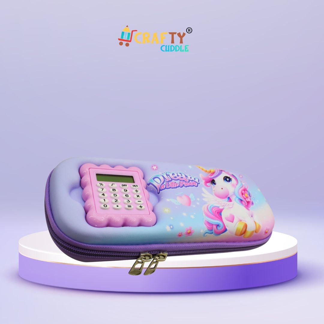 Lavender unicorn pencil pouch with built-in calculator, measuring 25 cm x 10 cm x 5 cm – spacious, magical design for kids' school supplies