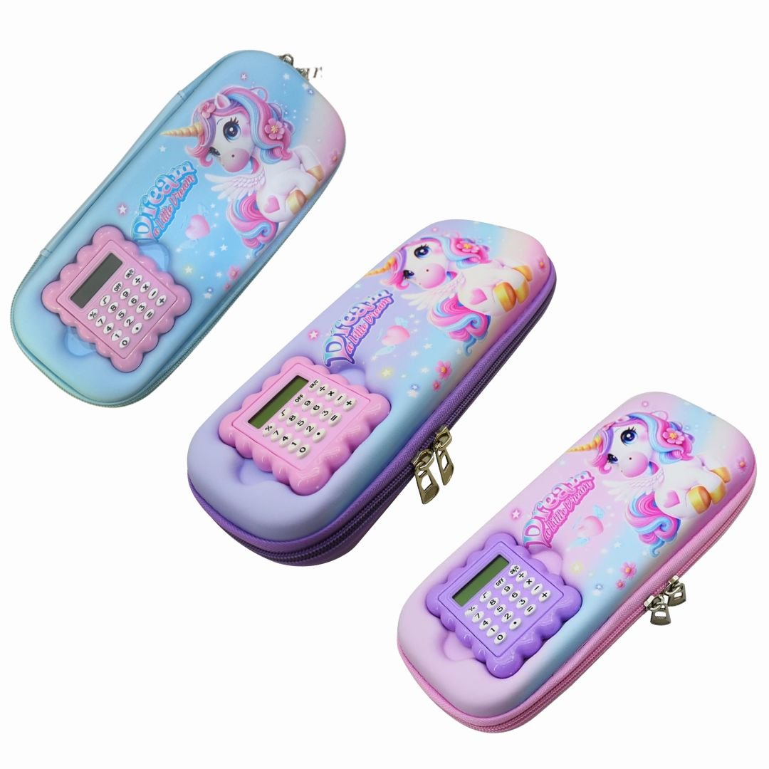 Unicorn pencil pouches with built-in calculators in three colors – blue, pink, and lavender – each measuring 25 cm x 10 cm x 5 cm, perfect for school supplies.