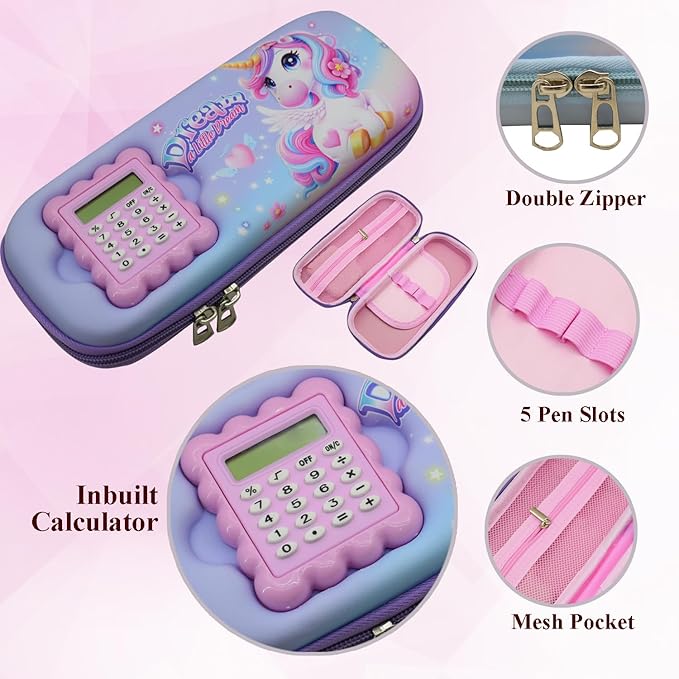 unicorn theme pouch is having Double Zipper, Inbuilt Calculator, 5 Pen Slots, Mesh Pocket 