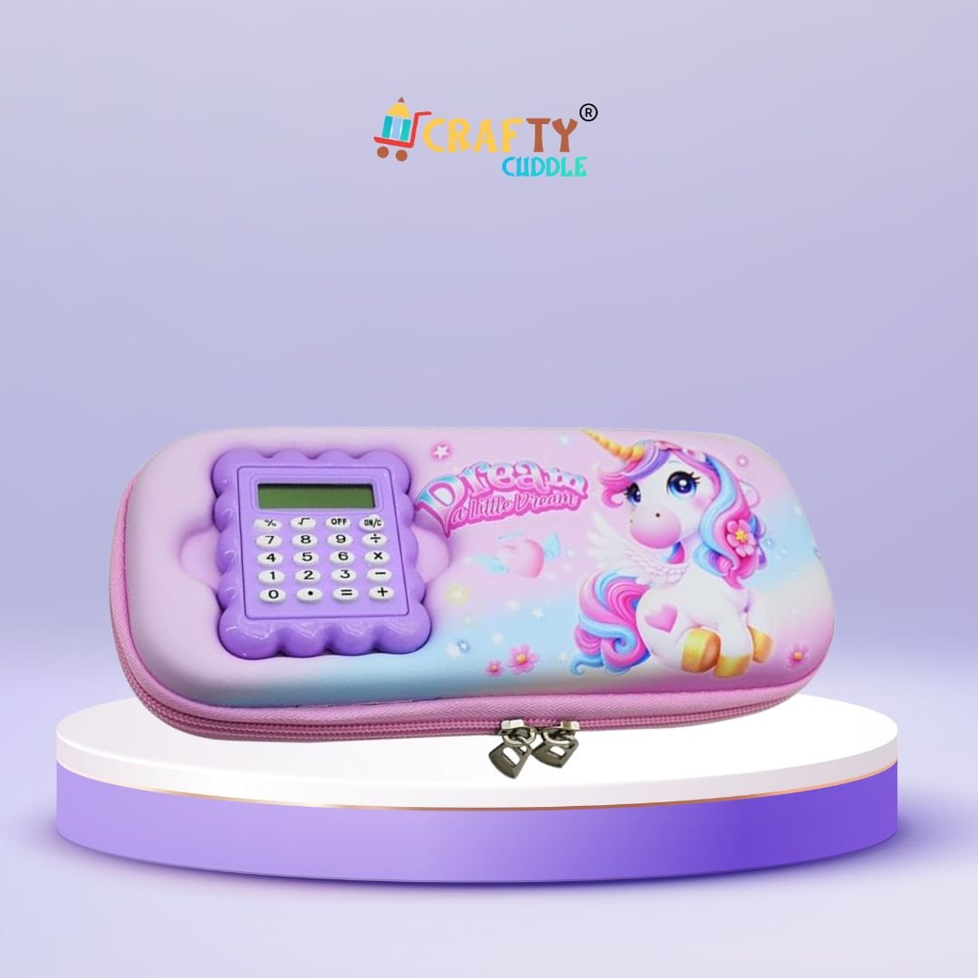 Unicorn-themed  Pink pencil pouch with built-in calculator, featuring a colorful and magical design for kids and students