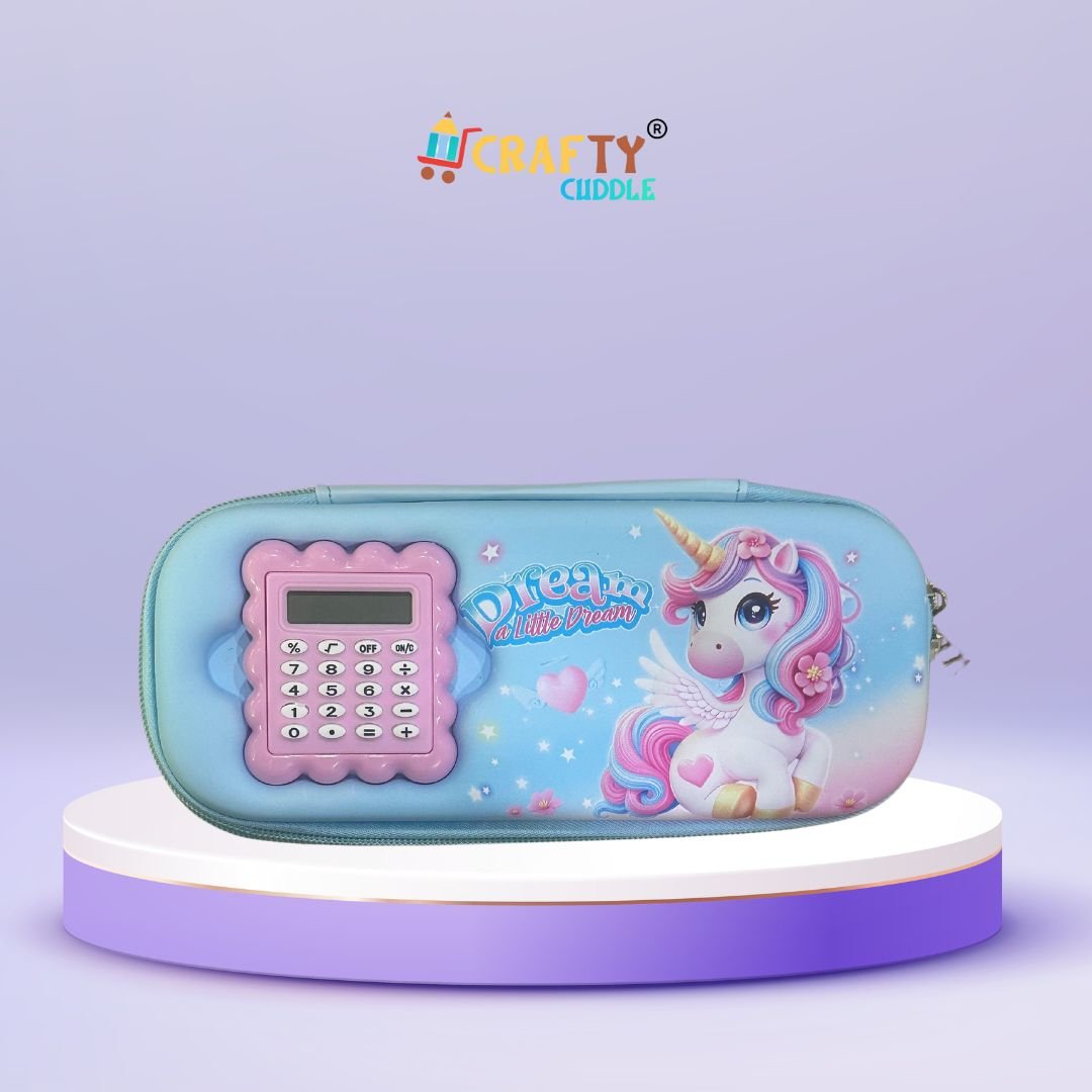 Unicorn-themed  Blue pencil pouch with built-in calculator, featuring a colorful and magical design for kids and students.