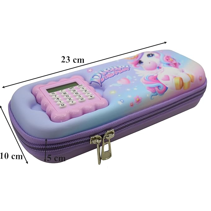 Unicorn pencil pouch with built-in calculator, measuring 25 cm in length, 10 cm in height, and 5 cm in width – spacious and colorful design for kids.