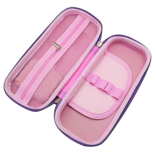 Open unicorn pencil pouch showing built-in calculator and organized compartments for pens and stationery.