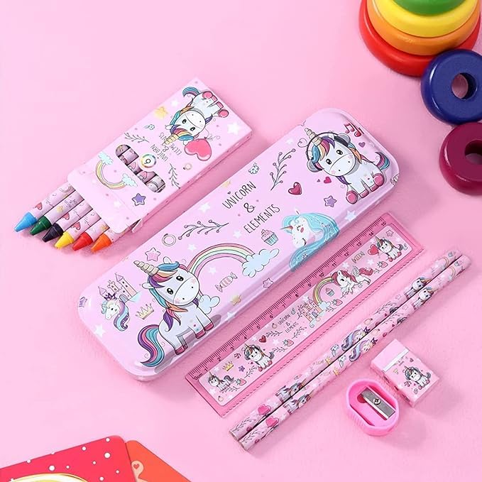 Unicorn-themed stationery set on a pink background