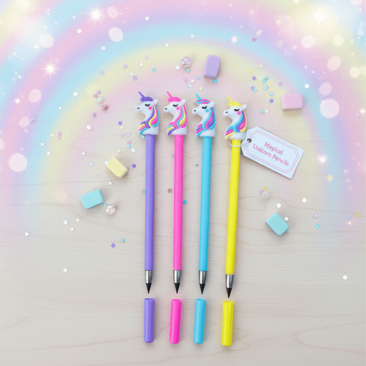 Unicorn Infinity PencilPencilCrafty CuddleSet of colorful unicorn pencils with matching caps on a rainbow background1