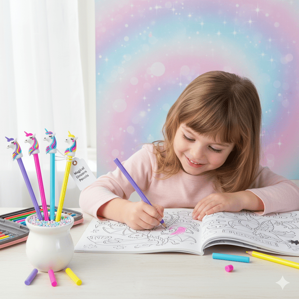 Unicorn Infinity PencilPencilCRAFTY CUDDLEChild coloring in a book with unicorn - themed pens and markers on a desk.1