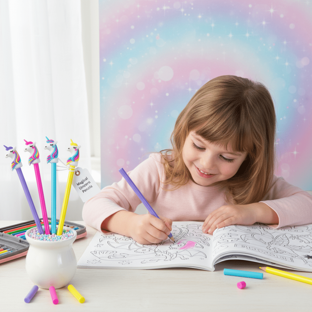 Unicorn Infinity PencilPencilCrafty CuddleChild coloring with unicorn - themed pencils against a rainbow background1