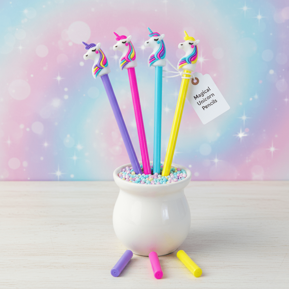 Unicorn Infinity PencilPencilCrafty CuddleColorful unicorn - themed pencils in a holder with a sparkly background1