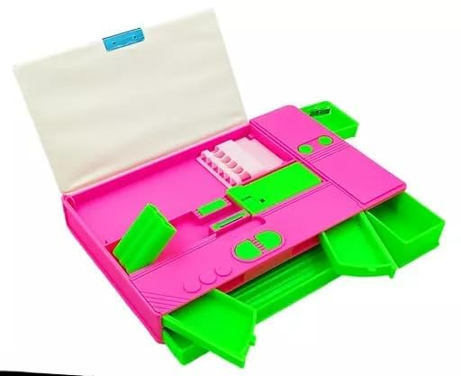 Open unicorn jumbo pencil box displaying multiple compartments 