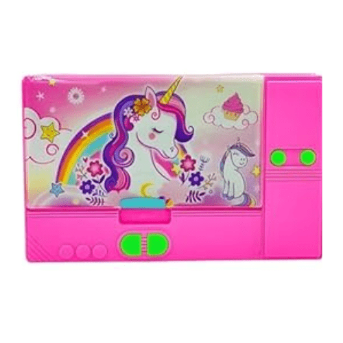 Top view of jumbo unicorn pencil box with glittery unicorn print.