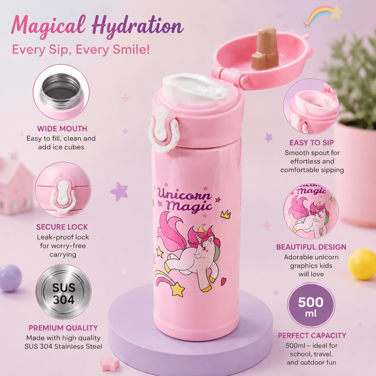 Unicorn Magic Kids Insulated Water BottleCartoon Kids Water BottleCrafty CuddlePink unicorn-themed water bottle with features highlighted on a pink backgroundStationeryAddict