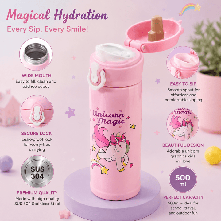 Unicorn Magic Kids Insulated Water BottleCartoon Kids Water BottleCrafty CuddlePink unicorn-themed water bottle with features highlighted on a pink backgroundStationeryAddict