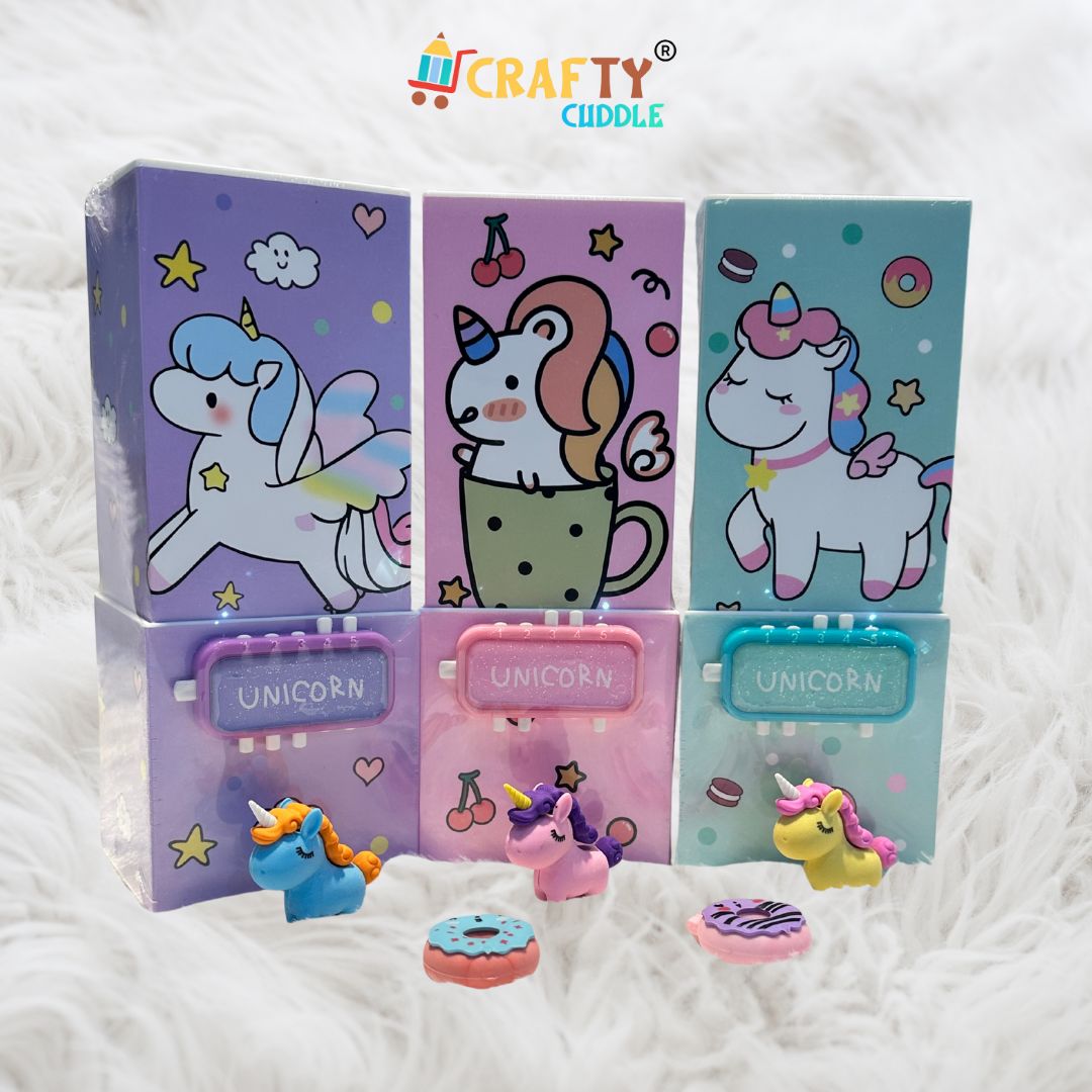 Unicorn Magic pop-up pen stand featuring a colorful unicorn design, built-in mirror, and secure password lock, perfect for storing pens and stationery items