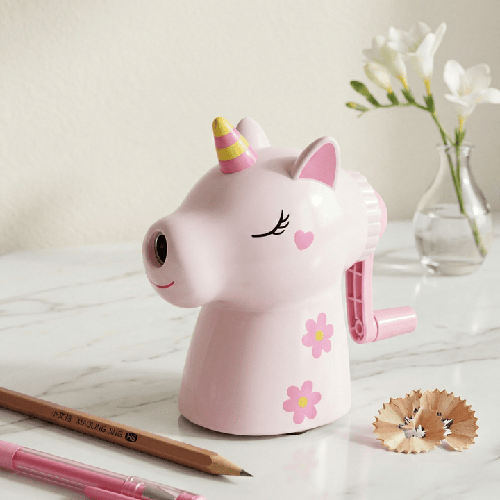 Unicorn Manual Pencil SharpenerCrafty CuddleWhite unicorn - shaped pencil sharpener on a desk with a pencil and flower decoration.Unicorn Sharpener WhiteWhite