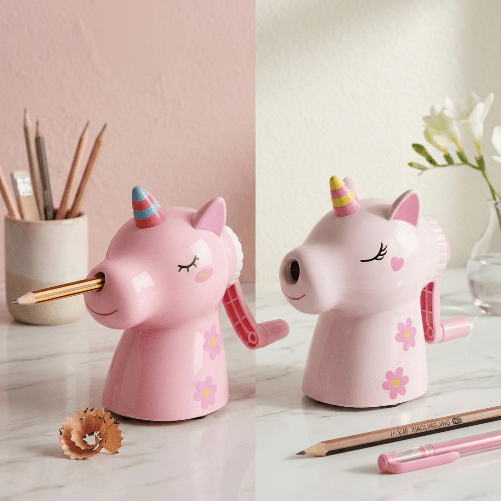Unicorn Manual Pencil SharpenerCrafty CuddleTwo pink unicorn - shaped pencil sharpeners on a desk with stationery items.Unicorn Sharpener PinkPink