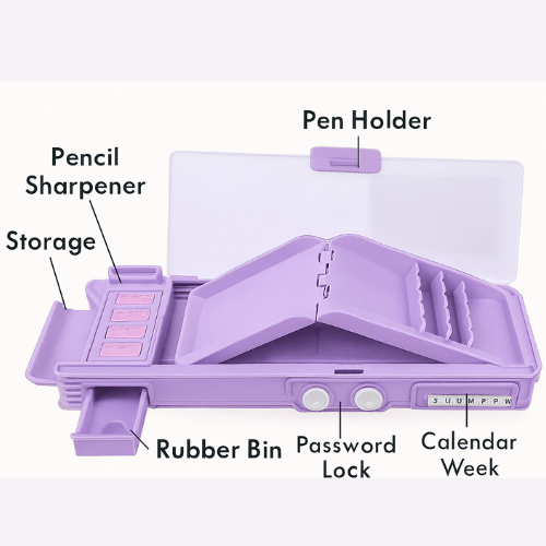 Unicorn Passcode Pencil BoxUnicorn Pencil BoxCRAFTY CUDDLEPurple pencil box with labeled compartments on a white backgroundBackToSchoolCartoonStationery