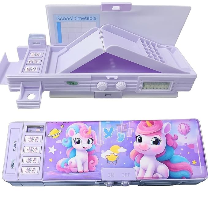 Unicorn Passcode Pencil BoxUnicorn Pencil BoxCRAFTY CUDDLEPencil case with unicorn design and school timetable on a white backgroundBackToSchoolCartoonStationery